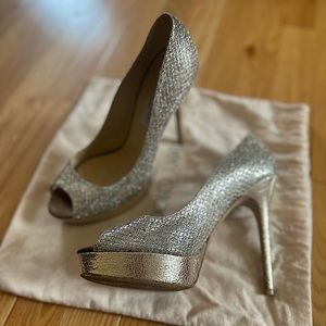 JIMMY CHOO GLITTER PEEP TOE PUMPS SZ 8.5